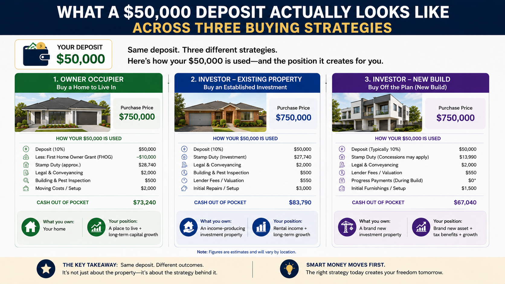 What a $50,000 deposit actually looks like across three buying strategies